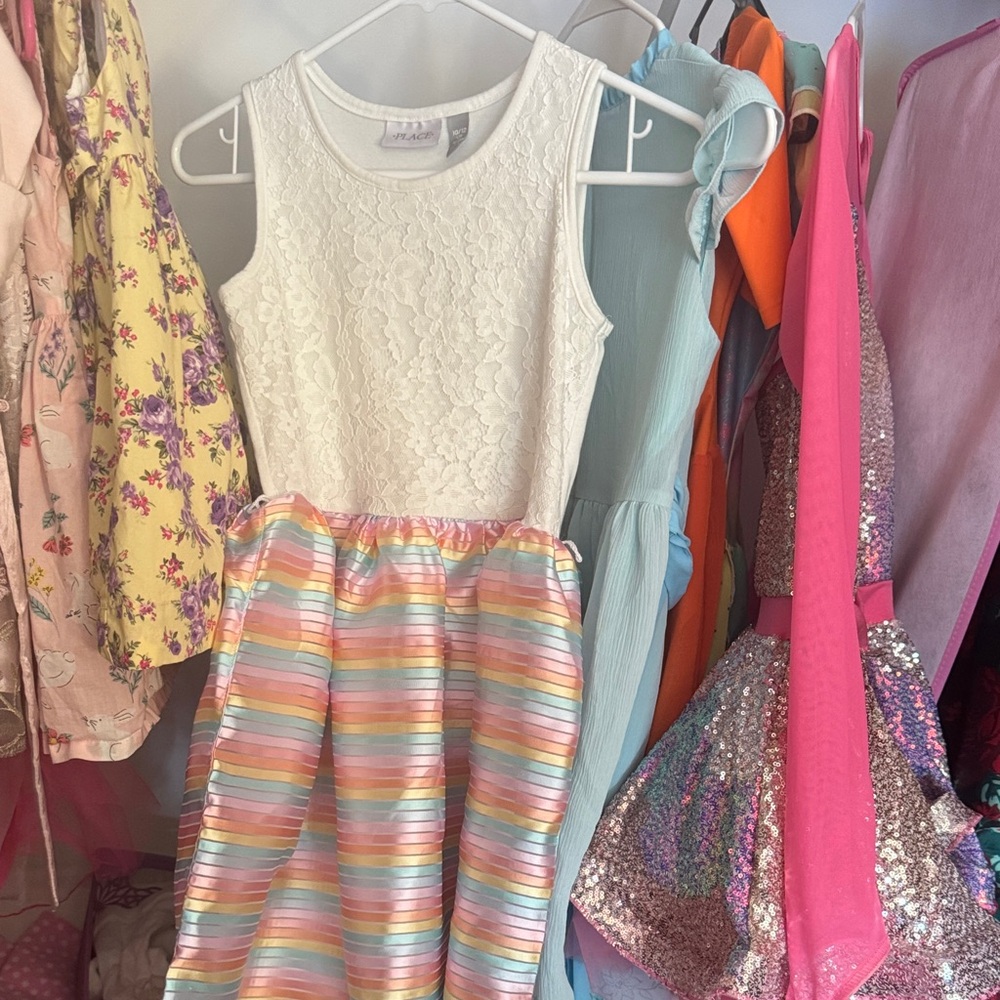 The Children's Place White Lace Top with Rainbow Striped Skirt Dress